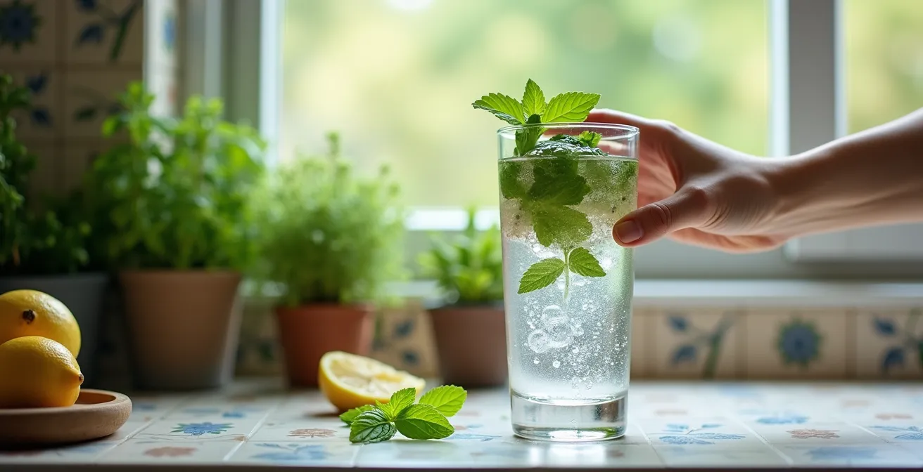 Helder glas water met verse munt en citroenmelisse uit Belgische tuin