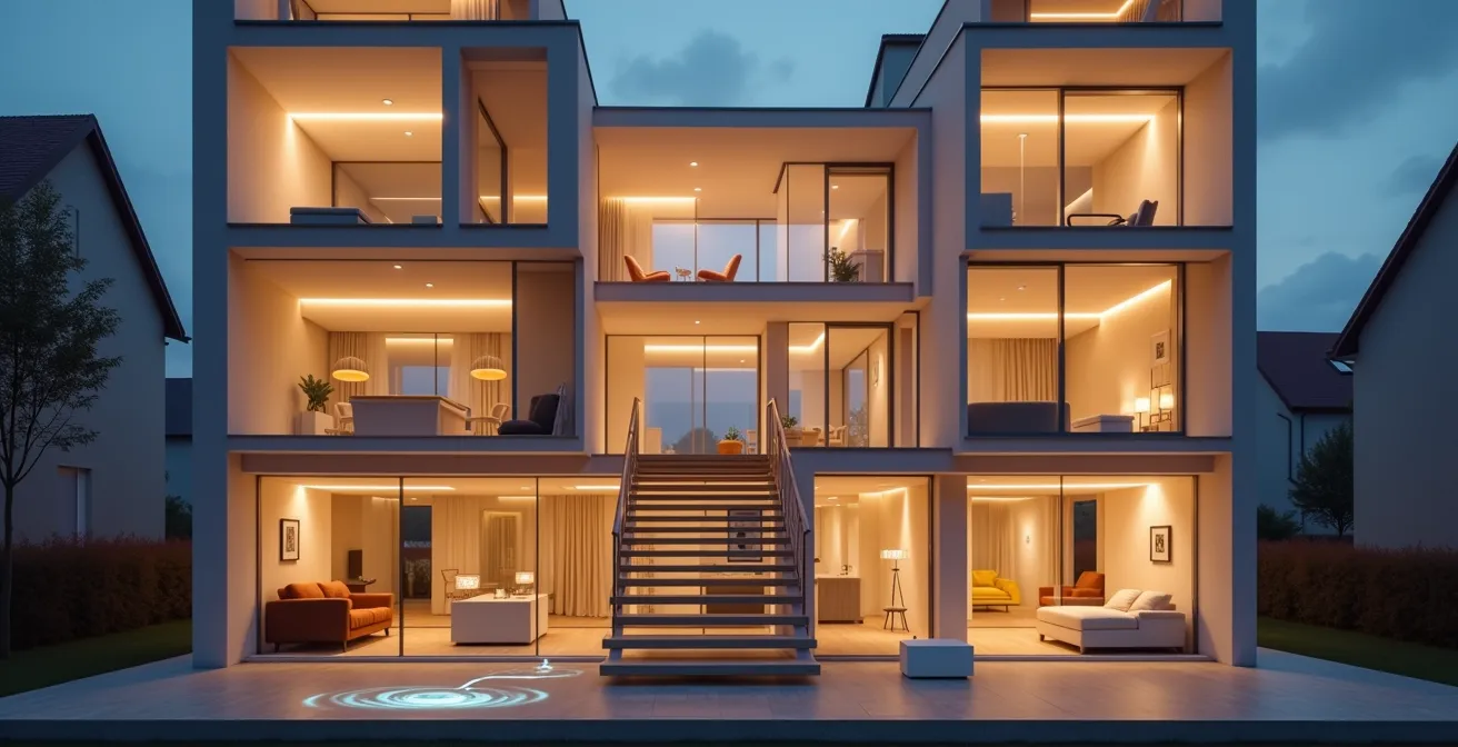 Doorsnede visualisatie mesh wifi-systeem in meerdere verdiepingen Belgisch huis