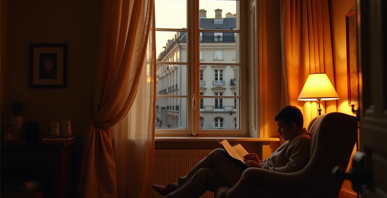 Dikke wollen gordijnen in traditioneel Belgisch interieur during winter evening