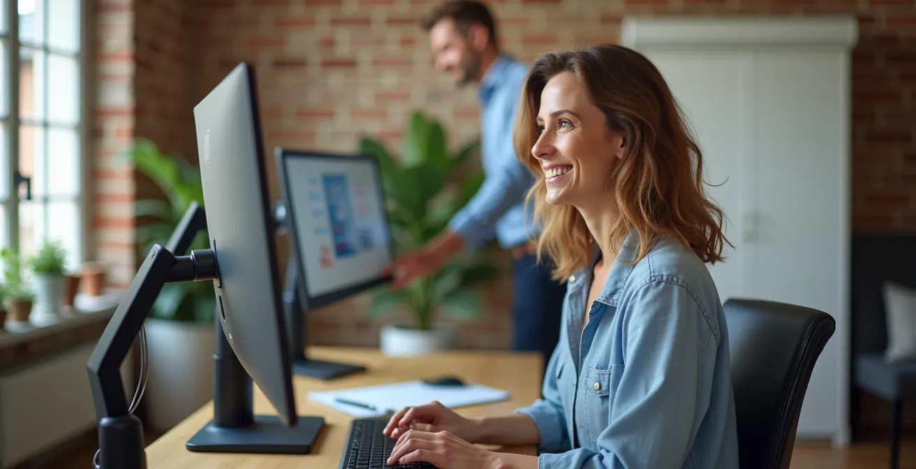 Hoogte-verstelbaar bureau met actieve kruk in moderne werkruimte
